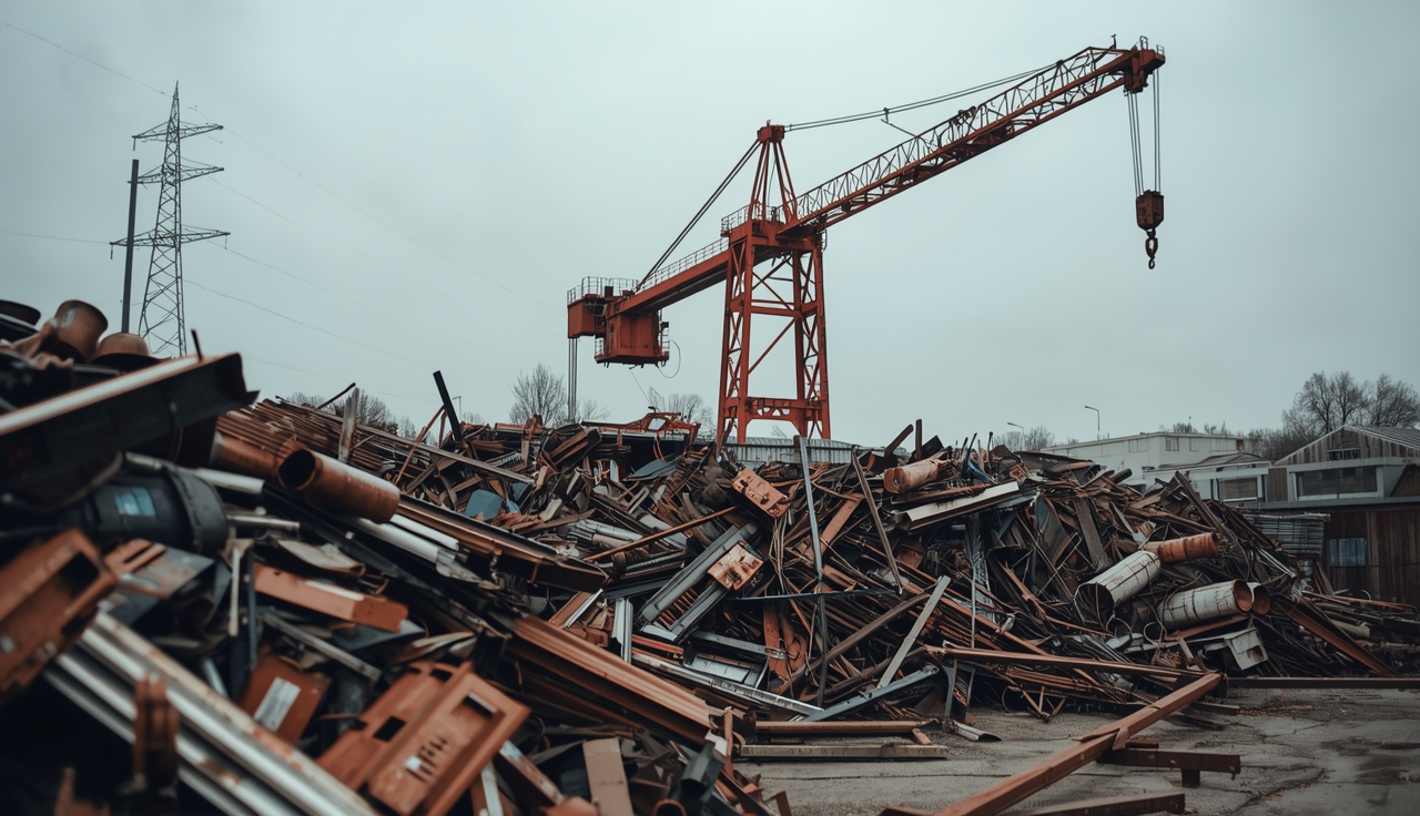 Scrap yard with crane lifting sorted metal
